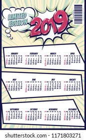 2019 retro comics book calendar template. Comic text pop art style halftone background. Speech bubble vintage colored poster. Vector super hero illustration.