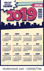 2019 retro comics book calendar template. Comic text pop art style halftone background. Speech bubble vintage colored poster. Vector super hero illustration.