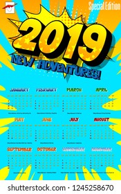 2019 retro style comic book calendar template with all twelve month. Pop art style background. Colored vector poster illustration.