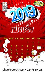 2019 retro style comic book calendar template For August. Pop art style background. Colored vector poster illustration.