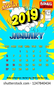 2019 retro style comic book calendar template For January. Pop art style background. Colored vector poster illustration.