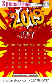 2019 retro style comic book calendar template For July. Pop art style background. Colored vector poster illustration.