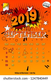 2019 retro style comic book calendar template For September. Pop art style background. Colored vector poster illustration.