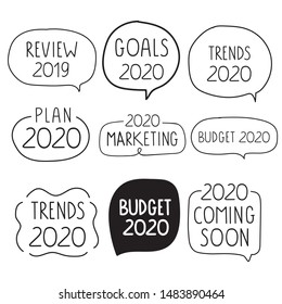 2019 review. 2020 goals, marketing, budget, plan, trends, coming soon. 
Set of hand drawn badges. Vector lettering illustration on white background.
