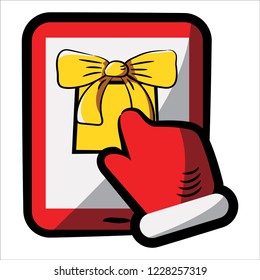 2019. Santa Claus Hand in Red Thread. New Year's Eve. Chooses a Gift on the Tablet. Yellow Box with Gift. Flat style icon with black outline. Symbol. Sign. Stock Vector Illustration. Transparent.  - Powered by Shutterstock - Get 15% off with code: PIKWIZARD15