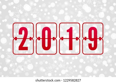 2019 scoreboard Happy New Year vector illustration. Winter holiday snow pattern. White and gray decorative Christmas background with snowflakes, sparkles, lights and red flip symbol