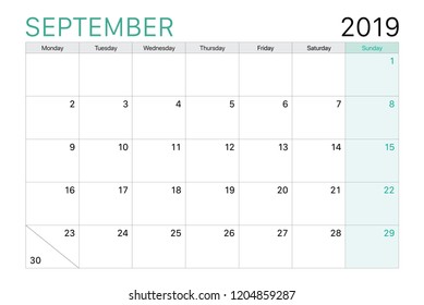 2019 September calendar or desk planner weeks start on Monday, plain white and light green theme