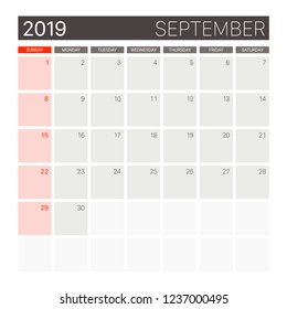 2019 September calendar or desk planner weeks start on Sunday, gray theme square proportion