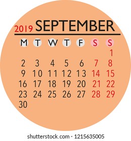 2019 september month calendar vector