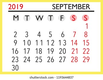 2019 september monthly calendar vector