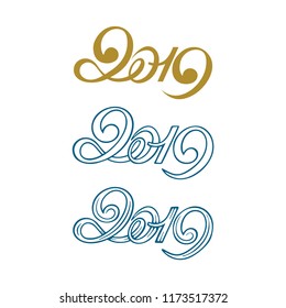 2019. Set of 2019 text lettering.
Hand drawn illustration.