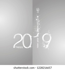 2019 shining New Year firework champagne silver grey illustration