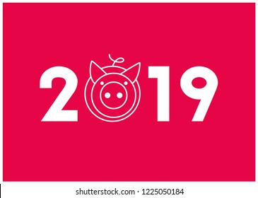 2019 sign - hand drawn lettering with year symbol - pig; on red background. Flat vector illustration for postcards, prints, stickers, flyers, posters, seasonal design and decoration, promotion, web. 