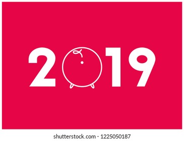 2019 sign - hand drawn lettering with year symbol - pig; on red background. Flat vector illustration for postcards, prints, posters, stickers, flyers,  decoration and seasonal design, promotion, web.