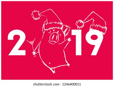2019 sign - hand drawn lettering with year symbol - сute smiling romantic waving piglet with cocktail. Flat vector illustration for cards, greetings, invitations, seasonal design and decoration, web.