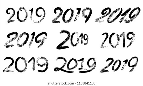 2019 Sign Set Vector. Grunge Calligraphy. Happy New Year. Vintage Brush Lettering. Flyer, Poster, Card, Brochure Design. Black Numbers Isolated On White Background Illustration
