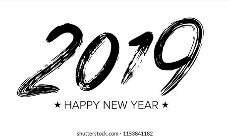 2019 Sign Vector. Grunge Calligraphy. Vintage Brush Lettering. Greeting Card Design Template. Black Numbers Isolated On White Background Illustration