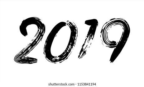 2019 Sign Vector. Grunge Calligraphy. Hand Drawn Lettering. Card Design Template. Black Numbers Isolated On White Background Illustration
