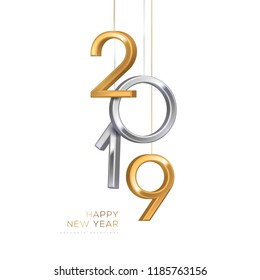2019 silver and gold numbers hanging on white background. Vector illustration. Minimal invitation design for Christmas and New Year.