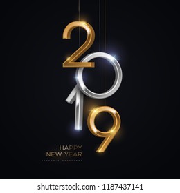 2019 silver and gold numbers hanging on black background. Vector illustration. Minimal invitation design for Christmas and New Year.