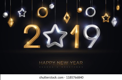 2019 silver and gold numbers with star hanging on black background. Vector illustration. Minimal invitation design for Christmas and New Year. Winter holiday decorations. 2019 silver and gold numbers with star hanging on black background. Vector illustration. Minimal invitation design for Christmas and New Year. Winter holiday decorations.