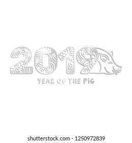 2019 silver laser cut ornate numbers and piggy face vector illustration. Year of the Pig handwritten red lettering. Decorative paper cut clipart with wavy pattern. Piggy Sign Greeting card