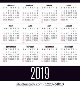 2019 simple full black background with a grid one page generic calendar