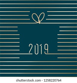 2019 Single Thread Style Logo with Repeating Horizontal Lines Making Blank Gift Box Shape New Year Creative Concept - Gold on Turquoise Dusty Background 