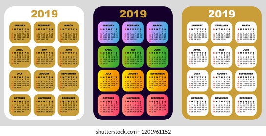 2019 small calendars. Simple template for tendy stationery design. 