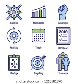 2019 SMART Goals Vector graphic w various Smart goal keywords