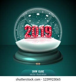 2019 Snow globe on green background. Merry Christmas and Happy New Year 2019. Realistic christmas snow globe 2019 for Your business project. 2019 Vector Illustration