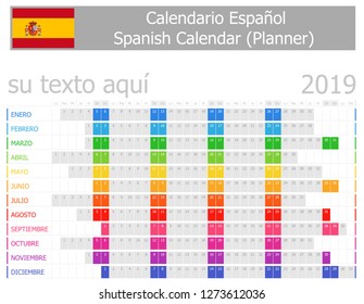2019 Spanish Planner Calendar with Horizontal Months on white background