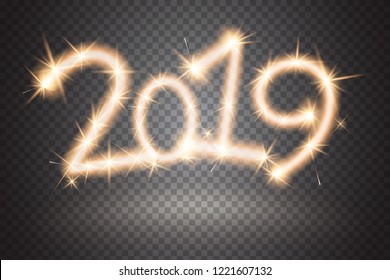 2019 sparkler sign. Firework sign isolated on transparent background. Sparkling symbol of New Year. Applicable for banner, flyer, poster. Vector illustration