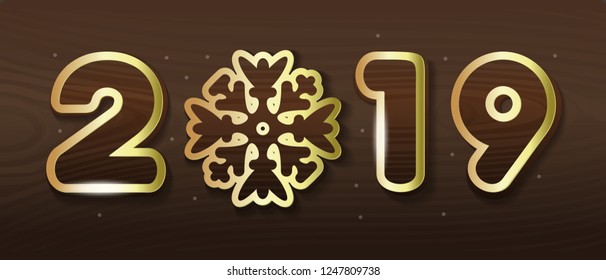 2019 - Stylized lettering with snowflake for decoration of banners, posters and Christmas cards. Stylish inscription with gold stroke on wooden background. Vector illustration