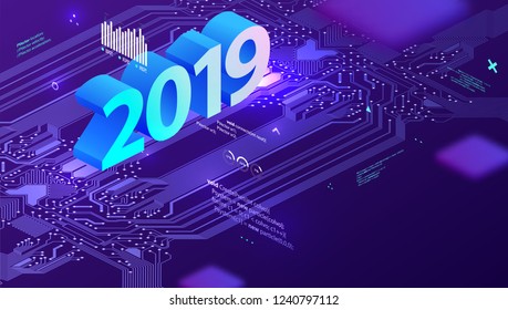 2019 technology concept with circuit board, application development code elements and retro futuristic style for holiday poster, placard and business presentation. Eps10 vector illustration