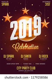 2019 template or flyer design decorated with baubles and stars for New Year party celebration.