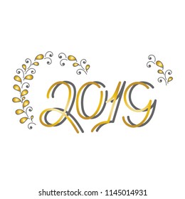  2019 the text in the concept of a happy New Year. Hand lettering.Vegetative ornament. The design of the template. Vector.