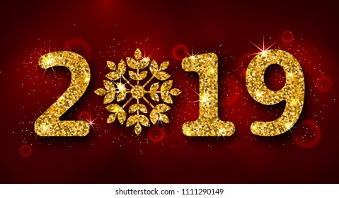 2019 Text, Golden Glitter Background for Happy New Year - Illustration Vector
