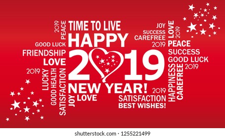 2019 with text happy new year and best whiches. red background