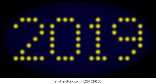 2019 text in LED style with round glowing pixels. Vector glare yellow symbols forms 2019 text on a dark blue background. Digital font with circle elements.