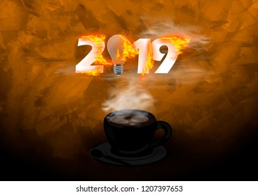 2019 text and Light bulb,Fire - Coffee Cup - background orange - Modern design Idea and Concept   Vector illustration.