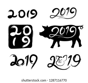 2019 text in traditional ink brush  for celebrating  Chinese new year. Year of the pig.
