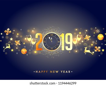 2019 text with wall clock and party celebration elements on shiny blue background. Can be used as greeting card design.