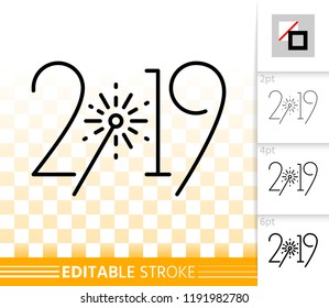 2019 thin line icon. Outline web new years eve sign. Numbers banner linear pictogram with different stroke width. Simple vector transparent symbol. Greeting card text editable stroke icon without fill