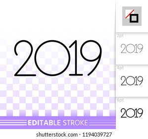 2019 thin line icon. Outline web new years eve sign. Numbers banner linear pictogram with different stroke width. Simple vector transparent symbol. Greeting card text editable stroke icon without fill
