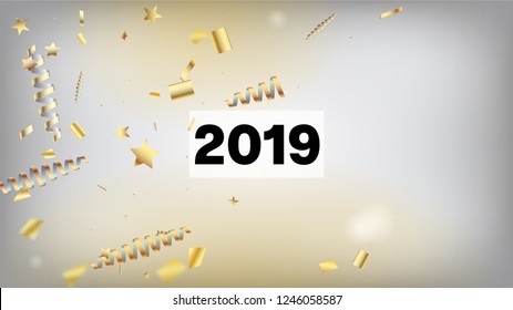 2019 Tinsel Confetti Isolated, Golden Celebration Foil. Cool Rich VIP Christmas, New Year, Birthday Party Holiday Border. Horizontal Dotted Glitter Background. Golden Tinsel Confetti Isolated