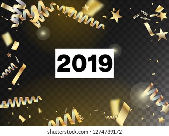 2019 Tinsel Confetti Isolated, Golden Celebration Foil. Cool Premium Christmas, New Year, Birthday Party Holiday Scatter. Horizontal Bright Bokeh Background. Golden Tinsel Confetti Isolated
