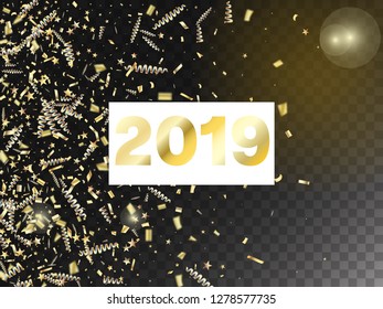 2019 Tinsel Confetti Isolated, Golden Celebration Foil. Cool Sparkling Christmas, New Year, Birthday Party Holiday Pattern. Horizontal Magic Shapes Background. Golden Tinsel Confetti Isolated