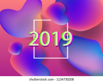2019 trendy background template with vibrant gradient purple blue purple colors and abstract round shapes flow. Vector modern poster, banner, presentation layout with space text in square frame.