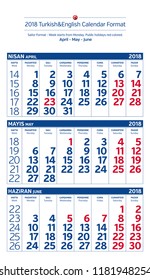 2019 Turkish-English Sailor Calendar Format. Week starts from Monday. Public holidays red colored. Vector Illustration.